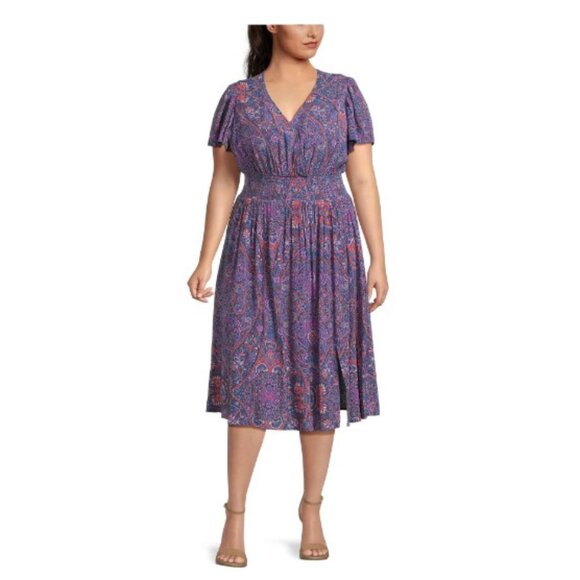 Terra & Sky Women's Plus Size Surplice Midi Dress, Boho Paisley/Blue Comet - Picture 5 of 5